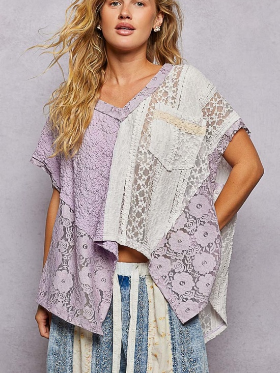 POL Tops - Pol Lavender V neck Floral Lace Semi Sheer Loose fit Top